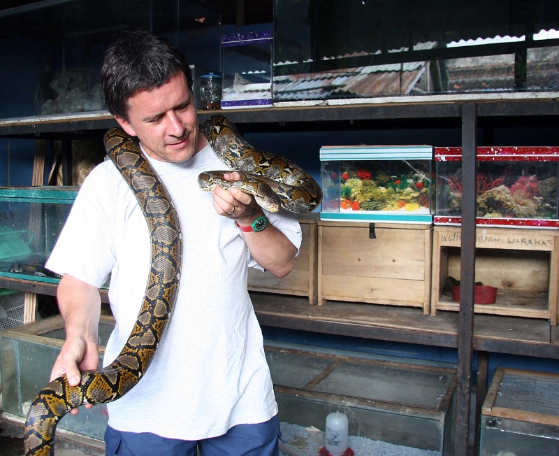 Maurice with python at the bird market, Java Yogyakarta Indonesia.jpg - Indonesia Java Yogyakarta. Maurice with python at the bird market